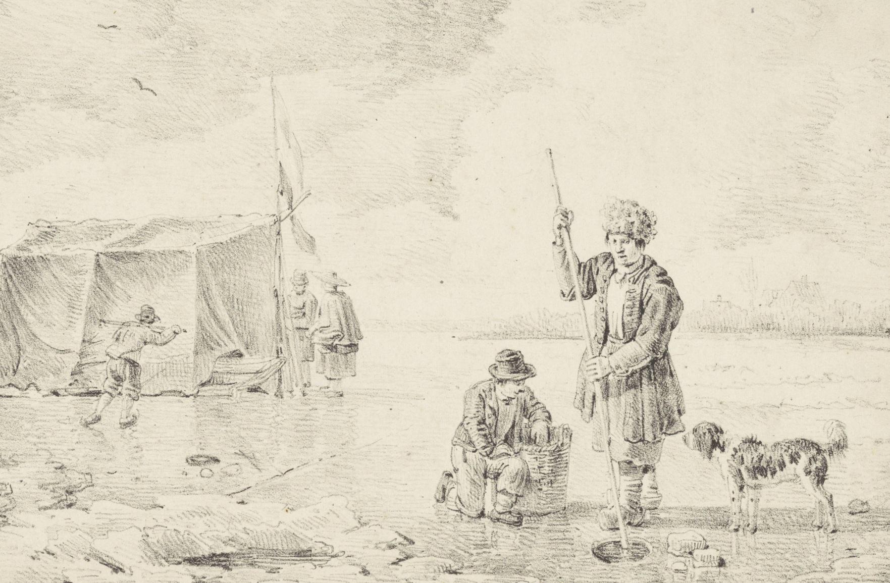 Oude tekening van mensen die op het ijsspelen