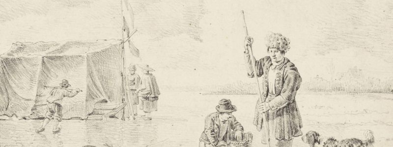 Oude tekening van mensen die op het ijsspelen